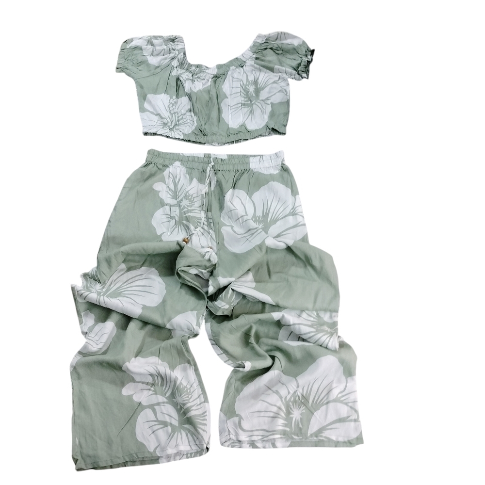 Salty Lemon Green Floral Women's Shirt Crop Set Size XL